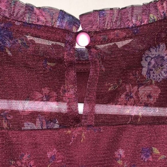 Floral Burgundy Girls Dress With Mesh Overlay & Ruffled Accents By Zenzie Size S - Picture 8 of 9